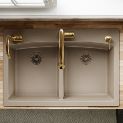 33" Top Mount Double Equal Bowl Quartz Composite Kitchen Sink In Concrete