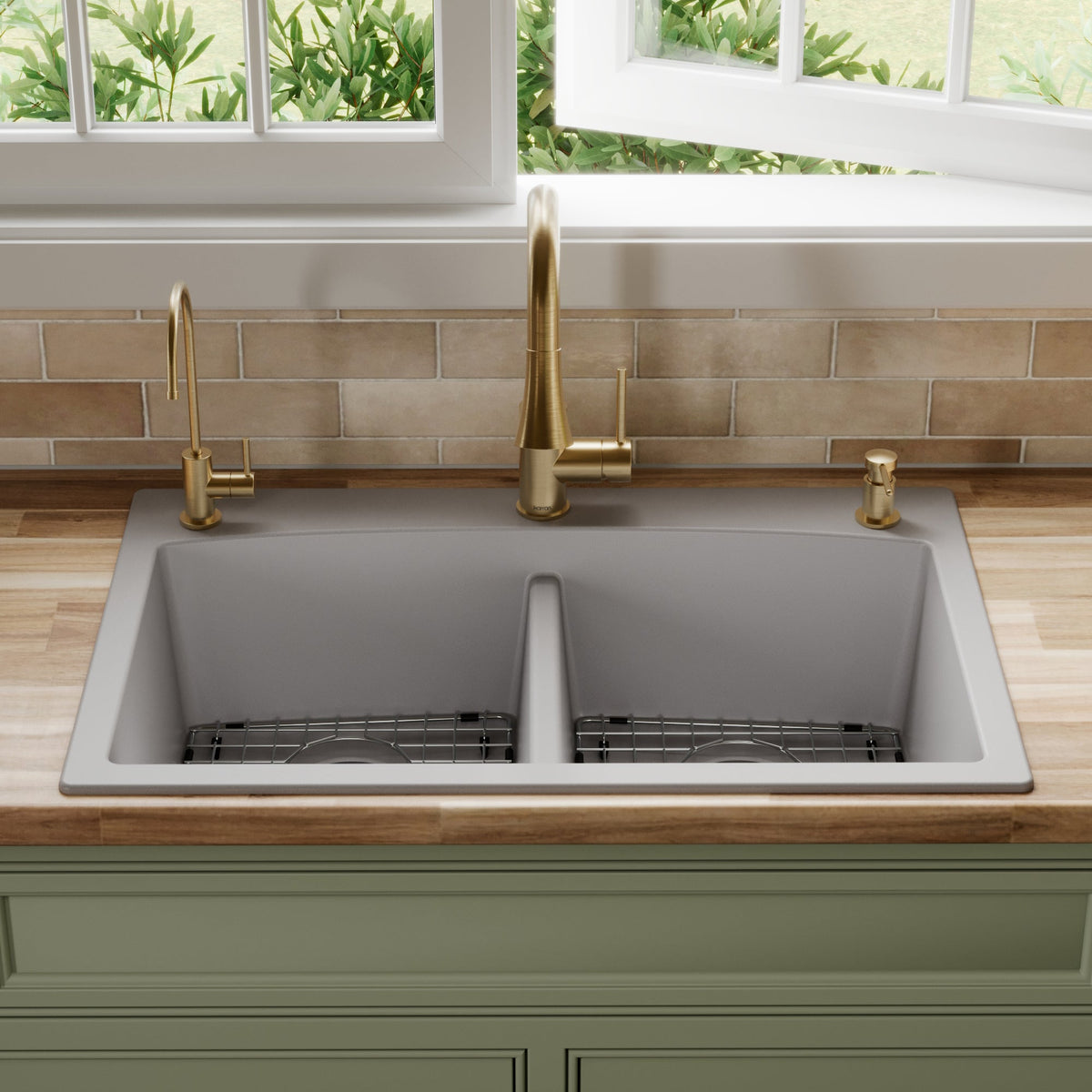 33" Top Mount Double Equal Bowl Quartz Composite Kitchen Sink Kit In Grey