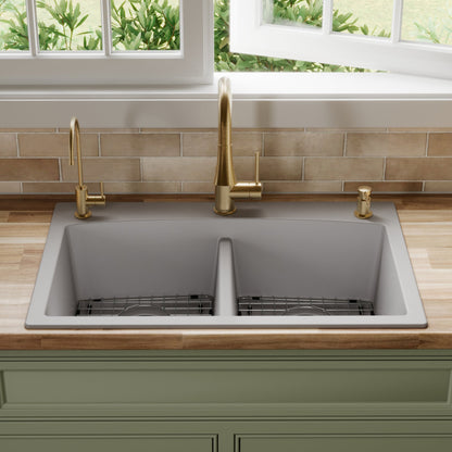 33" Top Mount Double Equal Bowl Quartz Composite Kitchen Sink Kit In Grey