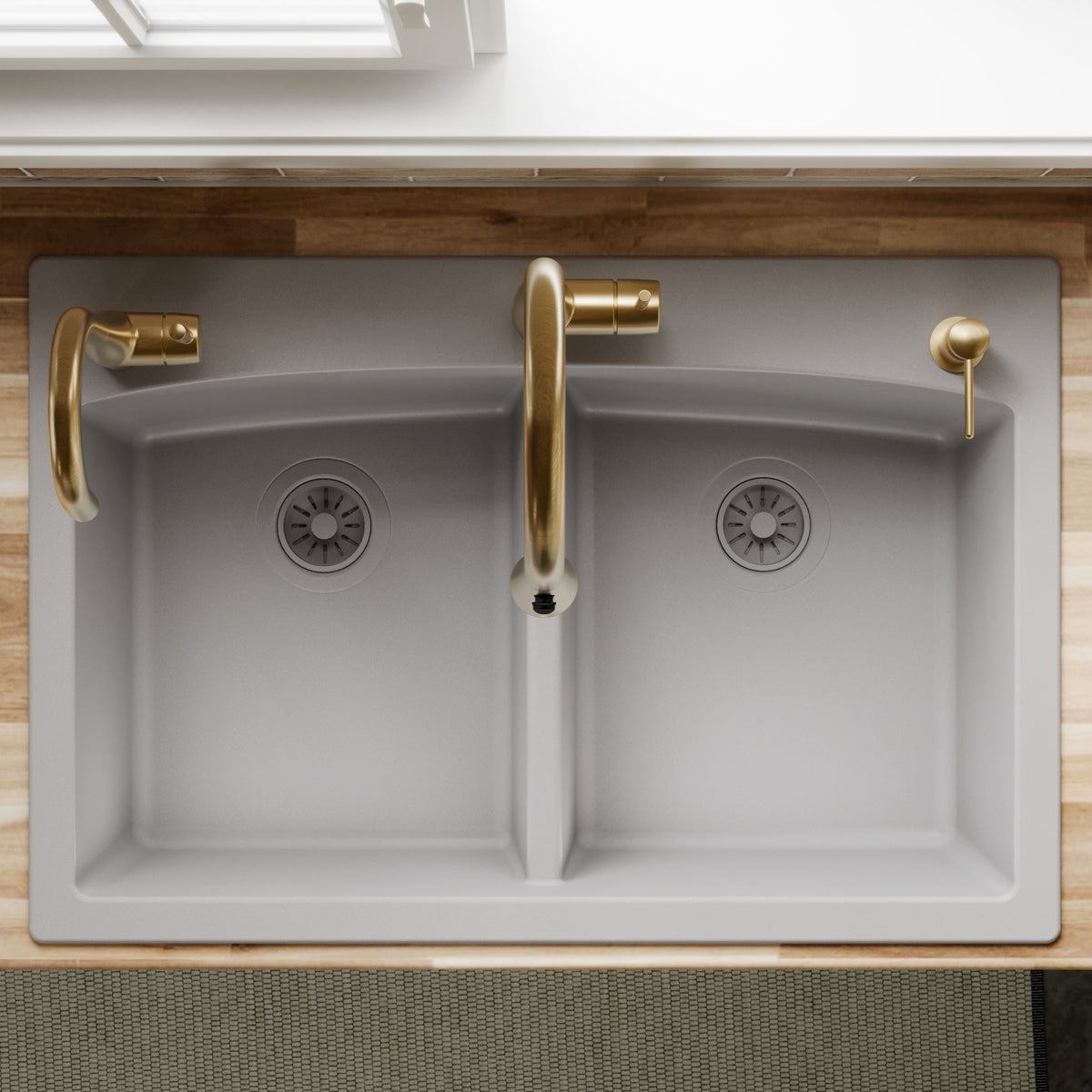 33" Top Mount Double Equal Bowl Quartz Composite Kitchen Sink In Grey