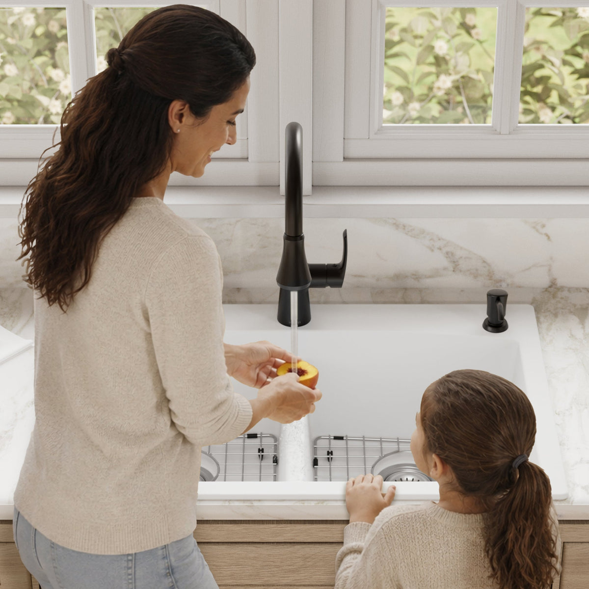 33" Top Mount Double Equal Bowl Quartz Composite Kitchen Sink Kit In White