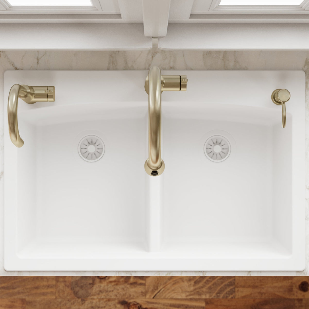 33" Top Mount Double Equal Bowl Quartz Composite Kitchen Sink In White