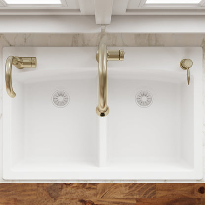 33" Top Mount Double Equal Bowl Quartz Composite Kitchen Sink In White