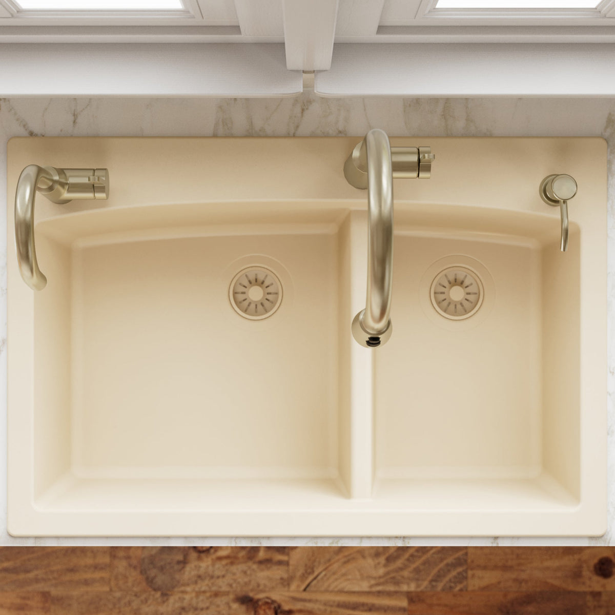 33" Top Mount Double Offset Bowl Quartz Composite Kitchen Sink In Bisque