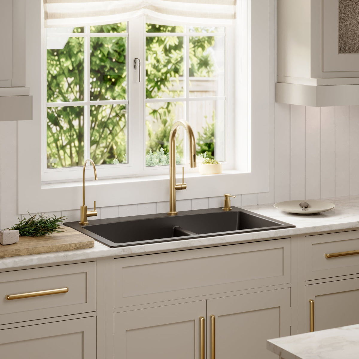 33" Top Mount Double Offset Bowl Quartz Composite Kitchen Sink Kit In Black