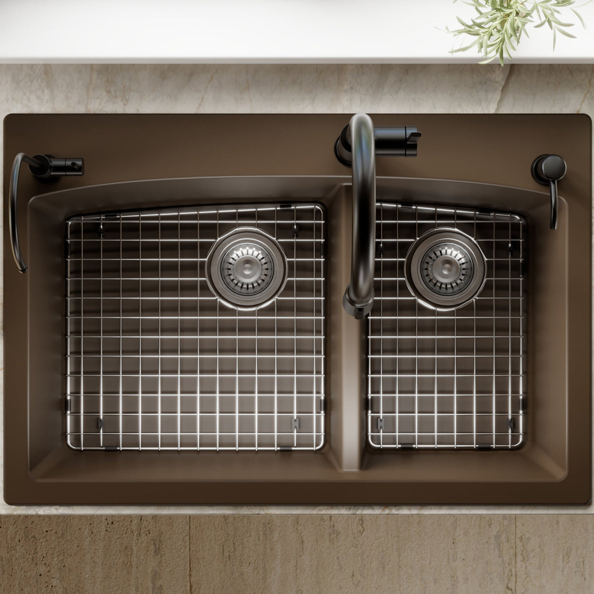 33" Top MountDouble Offset Bowl Quartz Composite Kitchen Sink Kit In Brown