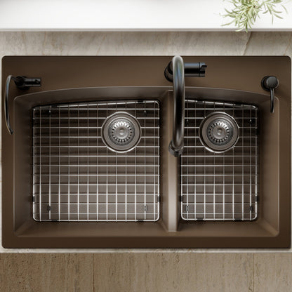 33" Top MountDouble Offset Bowl Quartz Composite Kitchen Sink Kit In Brown