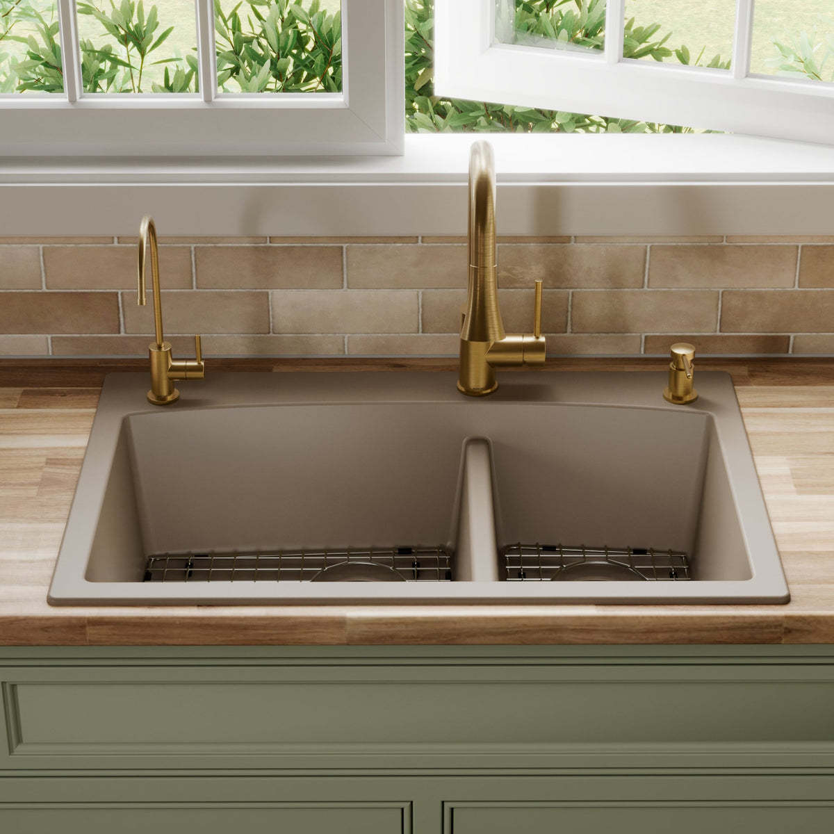 33" Top Mount Double Offset Bowl Quartz Composite Kitchen Sink Kit In Concrete
