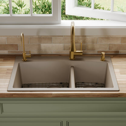 33" Top Mount Double Offset Bowl Quartz Composite Kitchen Sink Kit In Concrete