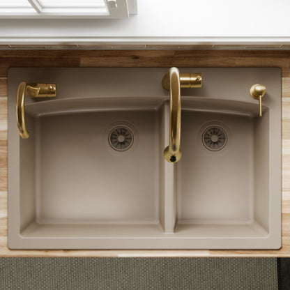 33" Top Mount Double Offset Bowl Quartz Composite Kitchen Sink In Concrete