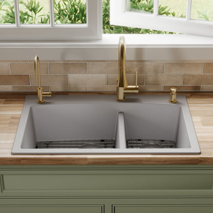 33" Top Mount Double Offset Bowl Quartz Composite Kitchen Sink Kit In Grey