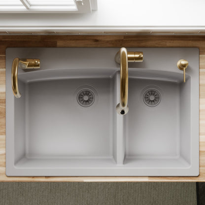 33" Top Mount Double Offset Bowl Quartz Composite Kitchen Sink In Grey