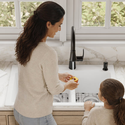 33" Top Mount Double Offset Bowl Quartz Composite Kitchen Sink Kit In White