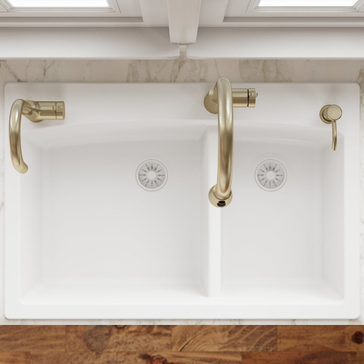 33" Top Mount Double Offset Bowl Quartz Composite Kitchen Sink In White
