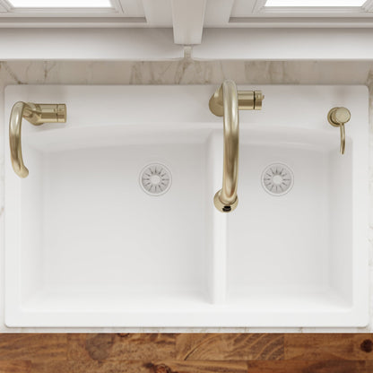 33" Top Mount Double Offset Bowl Quartz Composite Kitchen Sink In White