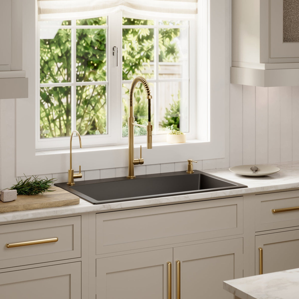 33" Top Mount Large Single Bowl Quartz Composite Kitchen Sink Kit In Black