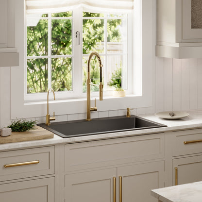 33" Top Mount Large Single Bowl Quartz Composite Kitchen Sink Kit In Black