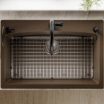 33" Top Mount Large Single Bowl Quartz Composite Kitchen Sink Kit In Brown