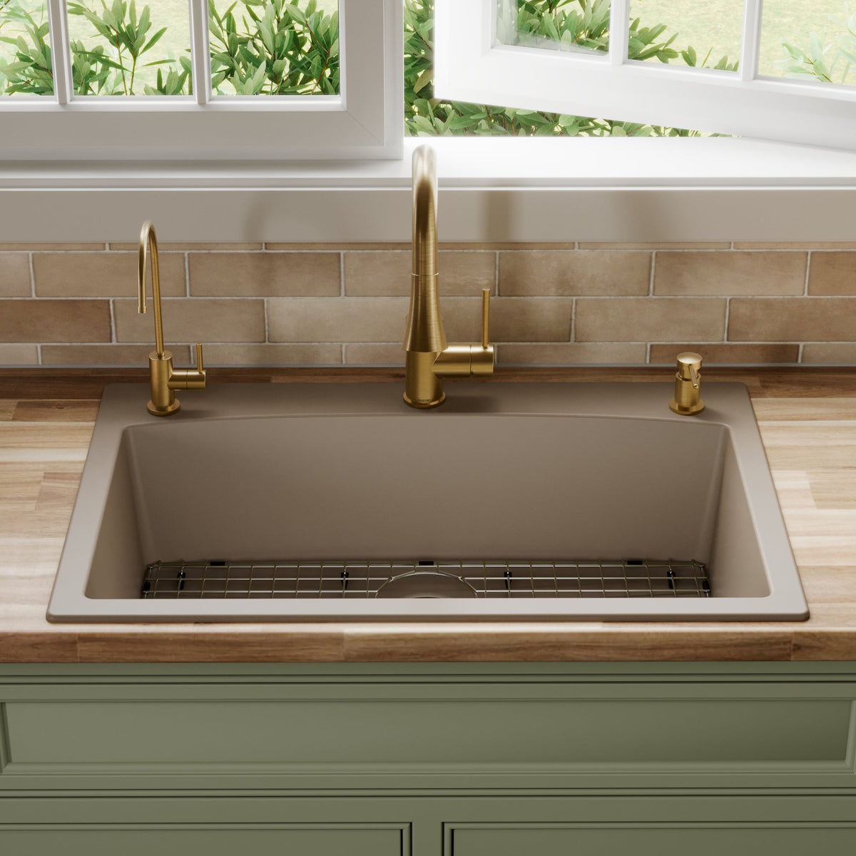 33" Top Mount Large Single Bowl Quartz Composite Kitchen Sink Kit Concrete
