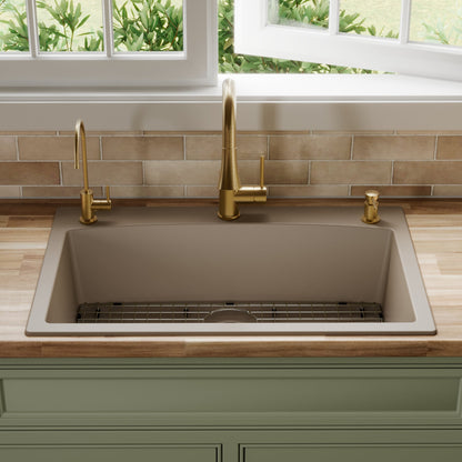 33" Top Mount Large Single Bowl Quartz Composite Kitchen Sink Kit Concrete