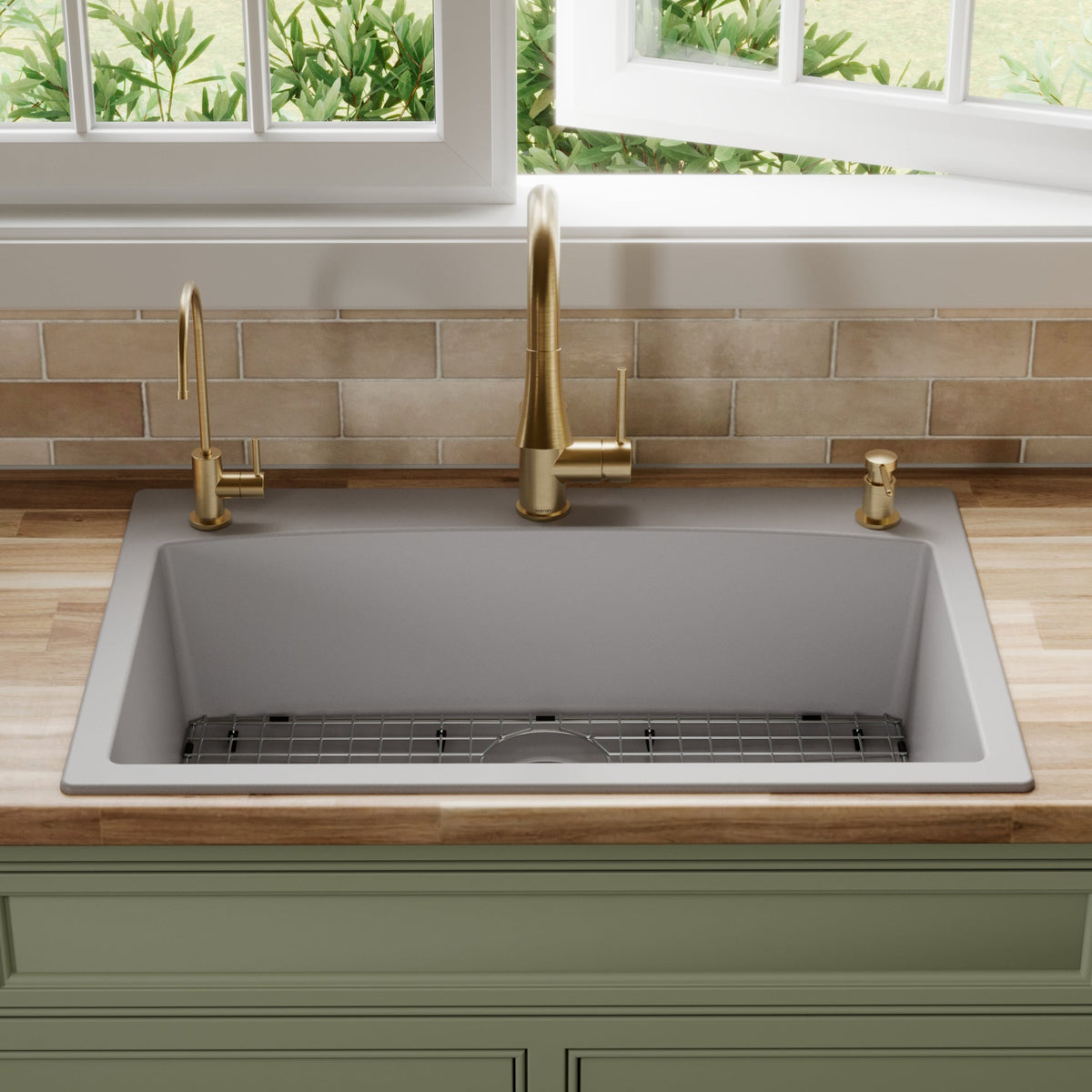 33" Top Mount Large Single Bowl Quartz Composite Kitchen Sink Kit Grey