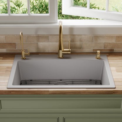 33" Top Mount Large Single Bowl Quartz Composite Kitchen Sink Kit Grey