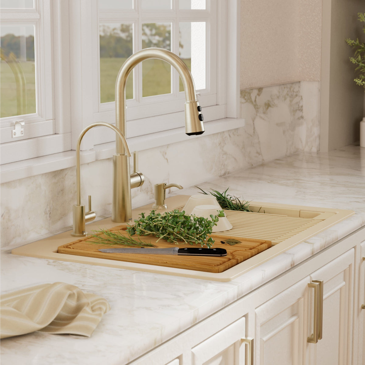 33" Top Mount Single Bowl Quartz Kitchen Sink Kit In Bisque