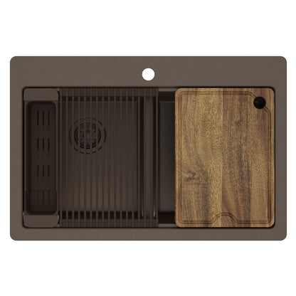 33" Top Mount Double Bowl Quartz Kitchen Sink Kit In Brown