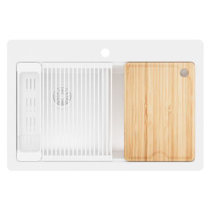 33" Top Mount Double Bowl Quartz Kitchen Sink Kit In White