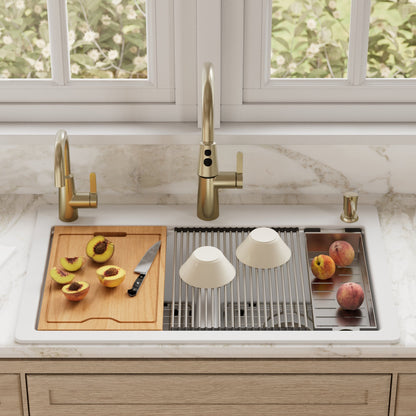 33" Top Mount Double Equal Bowl Quartz Composite Workstation Kitchen Sink In White