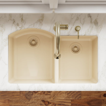 32-1/4" Undermount Double Offset Bowl Quartz Composite Kitchen Sink In Bisque