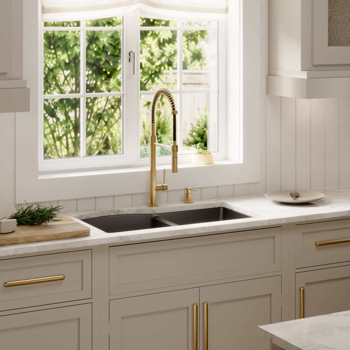 32-1/4" Undermount Double Offset Bowl Quartz Composite Kitchen Sink Kit In Black