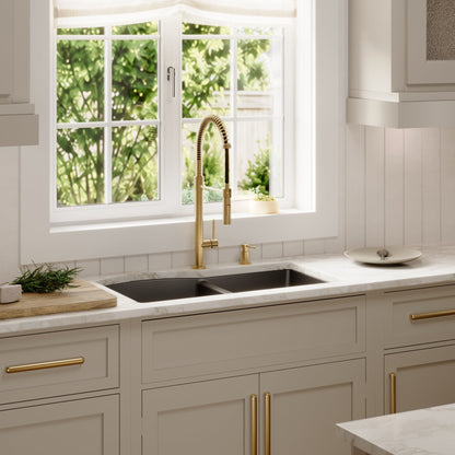 32-1/4" Undermount Double Offset Bowl Quartz Composite Kitchen Sink Kit In Black