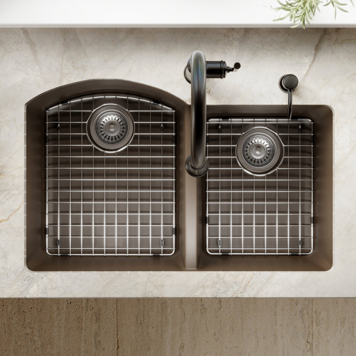 32-1/4" Undermount Double Offset Bowl Quartz Composite Kitchen Sink Kit In Brown