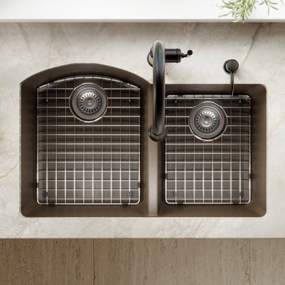 32-1/4" Undermount Double Offset Bowl Quartz Composite Kitchen Sink Kit In Brown