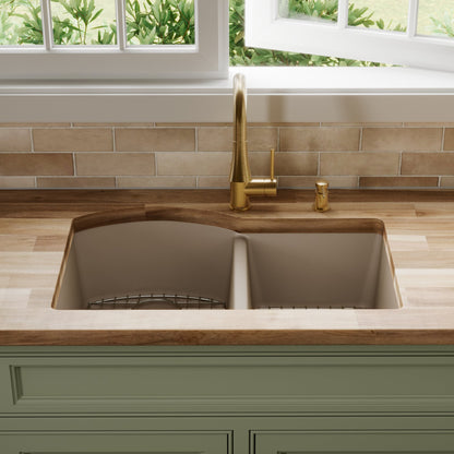 32-1/4" Undermount Double Offset Bowl Quartz Composite Kitchen Sink Kit In Concrete