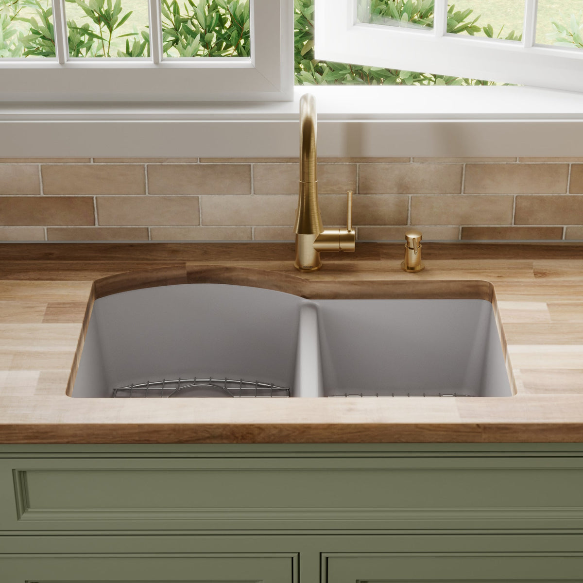 32-1/4" Undermount Double Offset Bowl Quartz Composite Kitchen Sink Kit In Grey