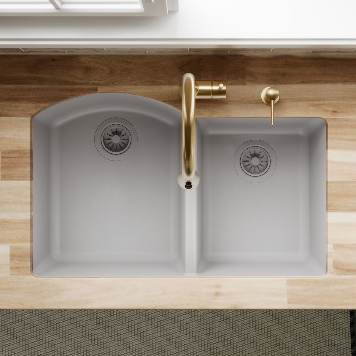32-1/4" Undermount Double Offset Bowl Quartz Composite Kitchen Sink In Grey