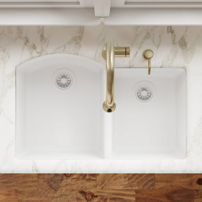 32-1/4" Undermount Double Offset Bowl Quartz Composite Kitchen Sink In White