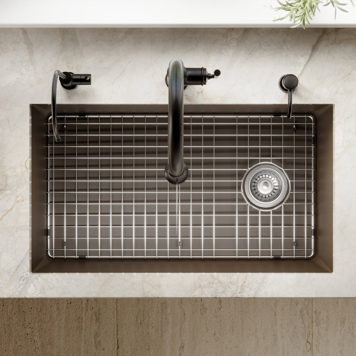 31-5/8" Undermount Large Single Bowl Quartz Composite Kitchen Sink Kit In Brown