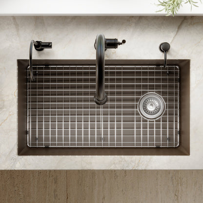 31-5/8" Undermount Large Single Bowl Quartz Composite Kitchen Sink Kit In Brown