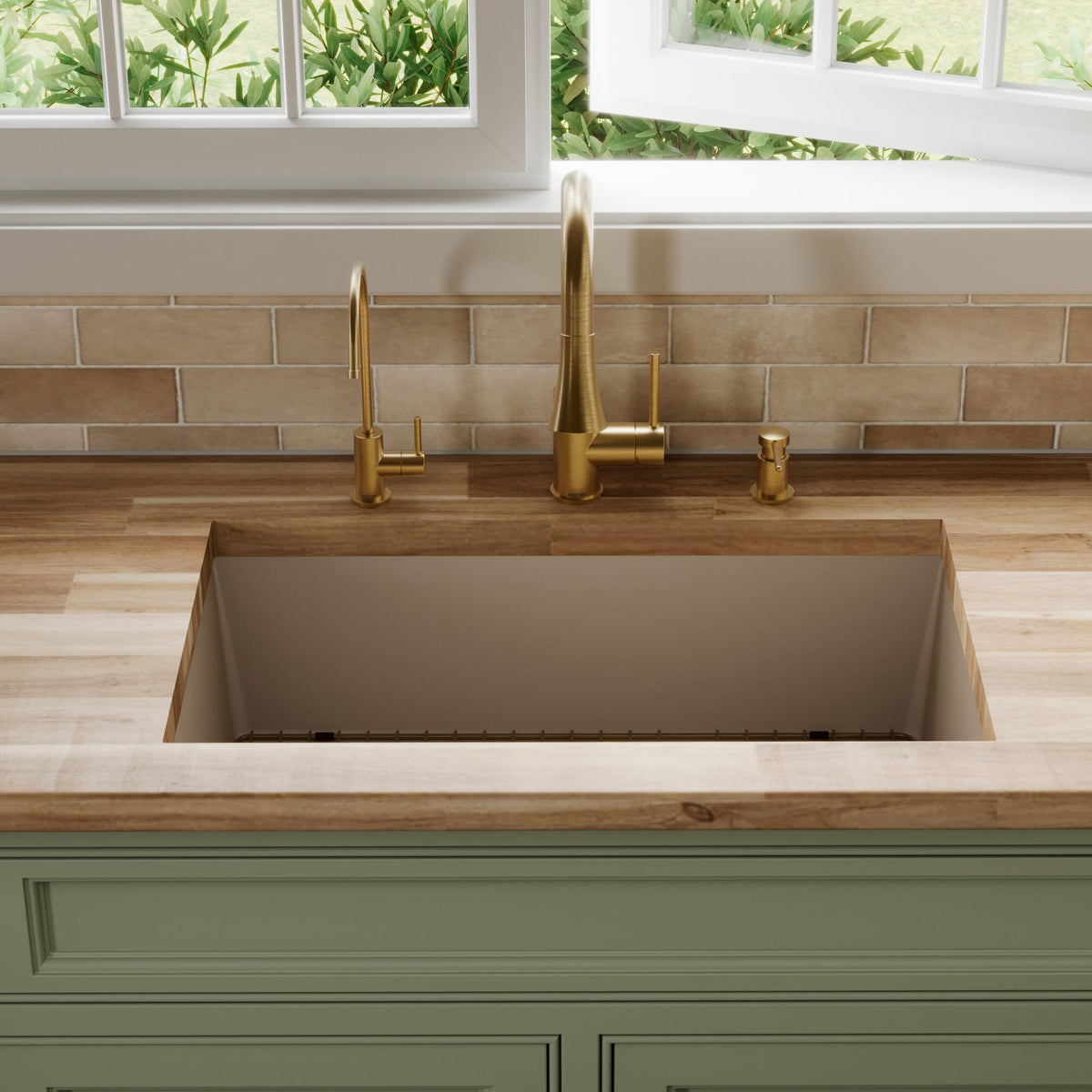 31-5/8" Undermount Large Single Bowl Quartz Composite Kitchen Sink Kit In Concrete