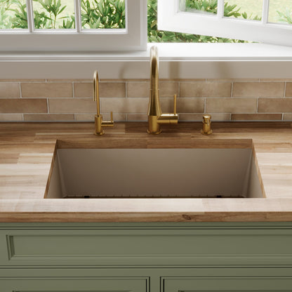 31-5/8" Undermount Large Single Bowl Quartz Composite Kitchen Sink Kit In Concrete