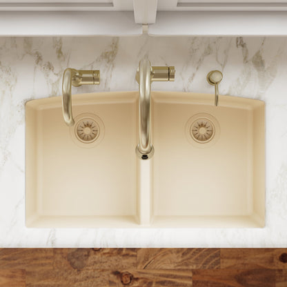 32-1/2" Undermount Double Equal Bowl Quartz Composite Kitchen Sink In Bisque