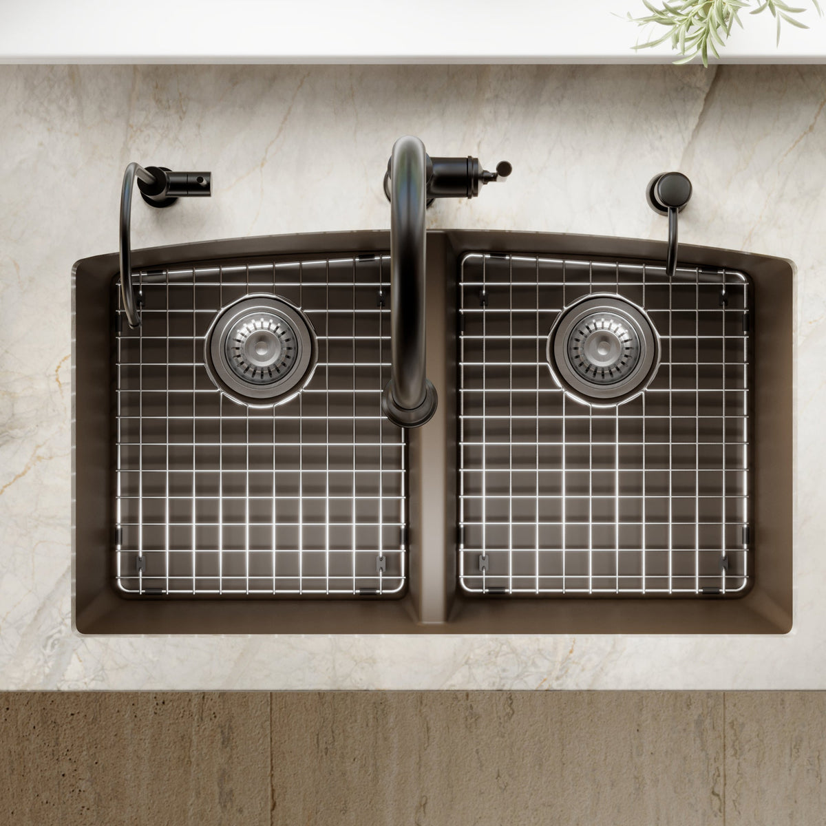 32-1/2" Undermount Double Equal Bowl Quartz Composite Kitchen Sink Kit In Brown