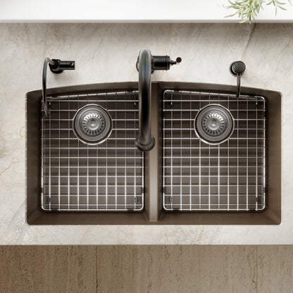 32-1/2" Undermount Double Equal Bowl Quartz Composite Kitchen Sink Kit In Brown