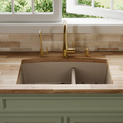 32-1/2" Undermount Double Equal Bowl Quartz Composite Kitchen Sink Kit In Concrete