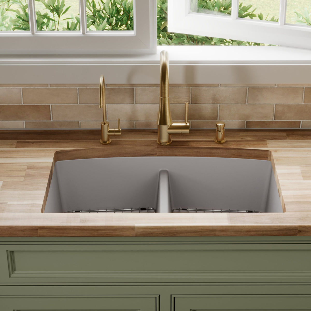 32-1/2" Undermount Double Equal Bowl Quartz Composite Kitchen Sink Kit In Grey