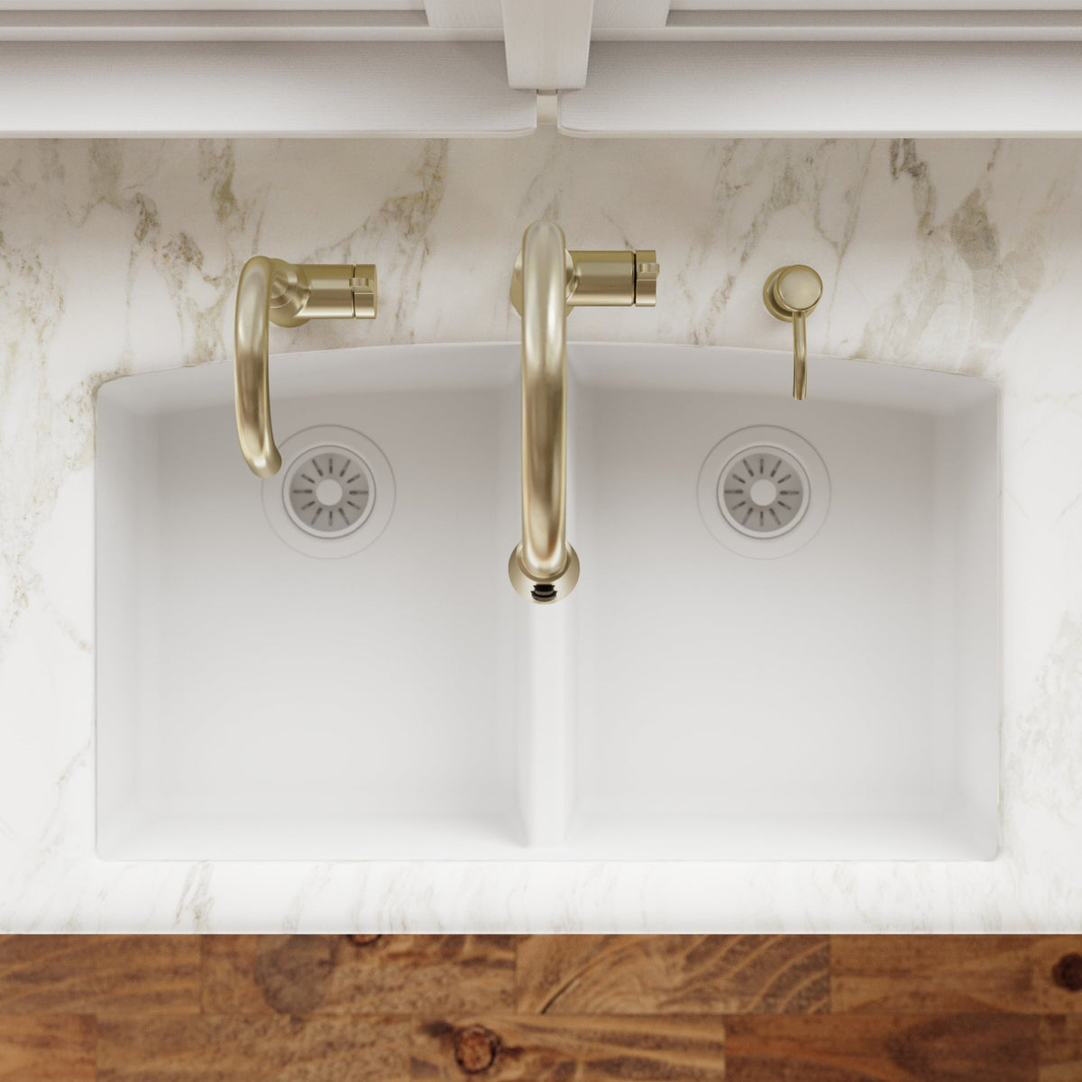 32-1/2" Undermount Double Equal Bowl Quartz Composite Kitchen Sink In White