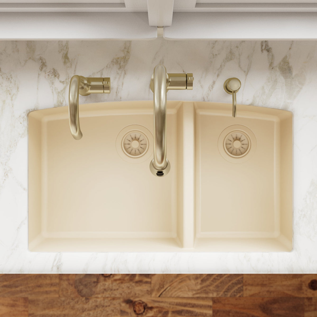 32-1/2" Undermount Double Offset Bowl Quartz Composite Kitchen Sink In Bisque